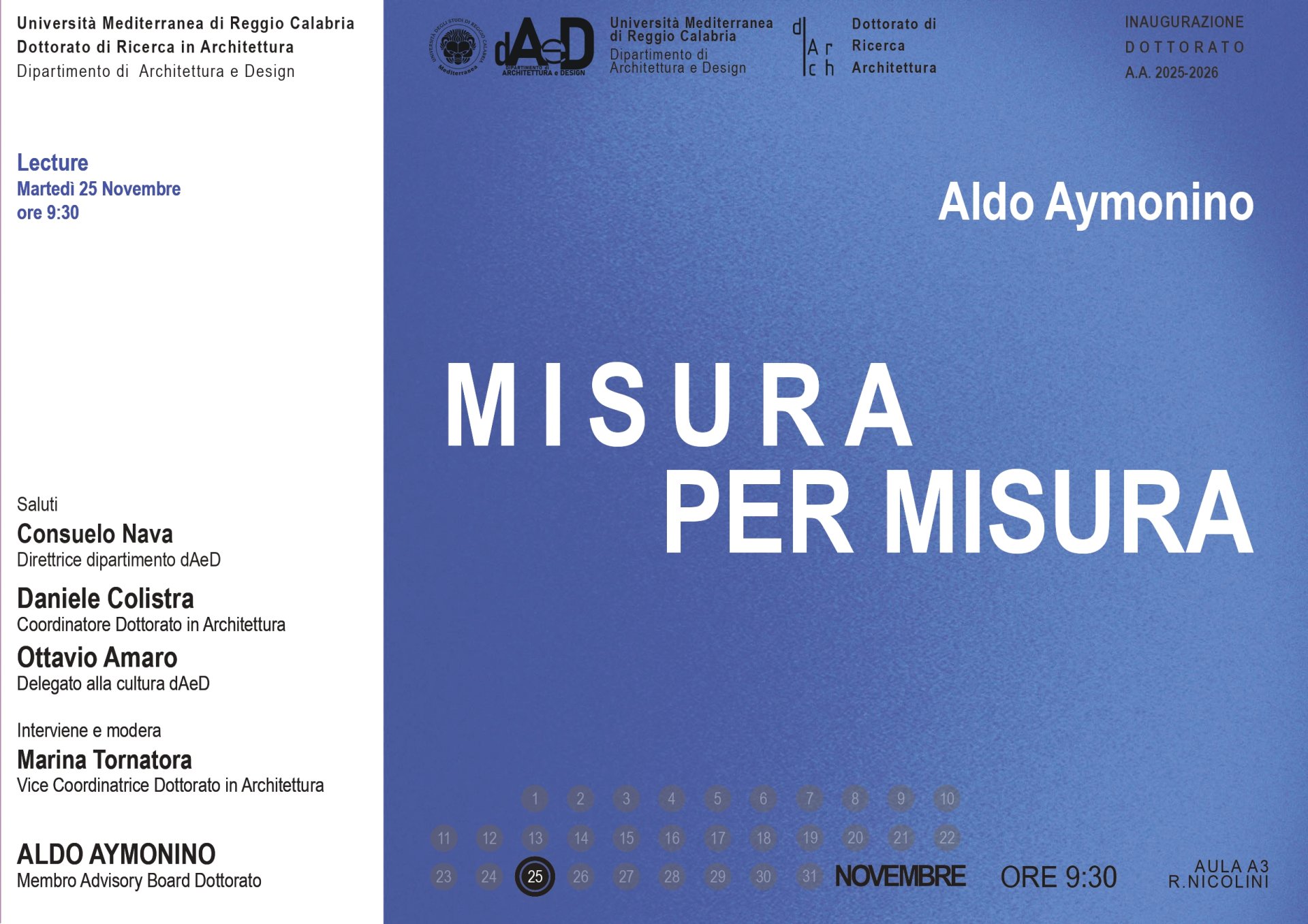 Lectio inauguralis delle attività 2025-2026 del Dottorato in Architettura