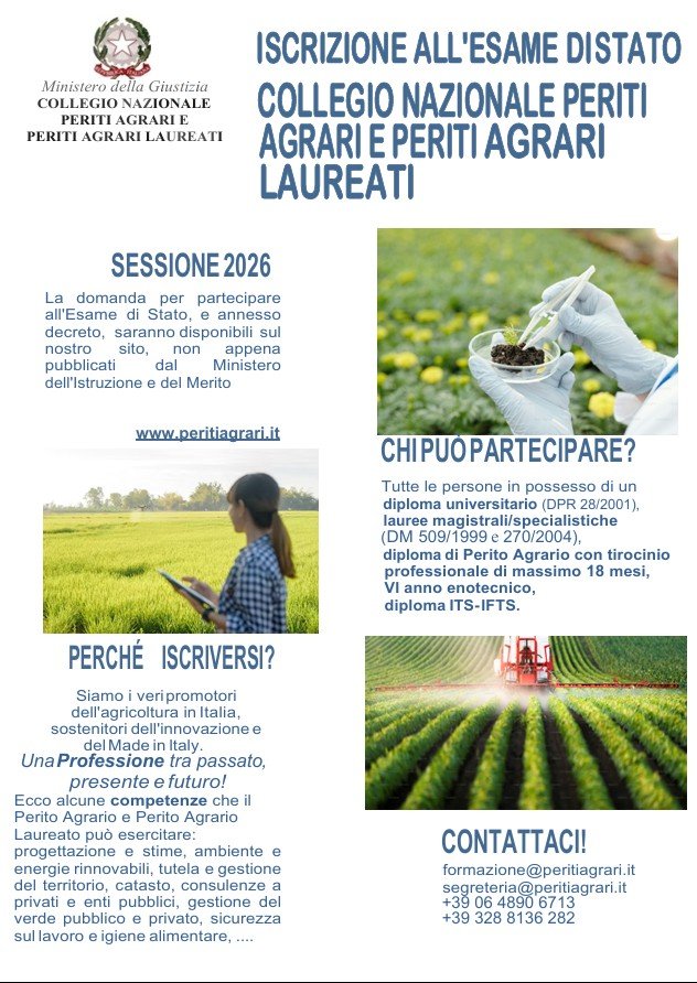 COLLEGIO NAZIONALE PERITI AGRARI E PERITI AGRARI LAUREATI - ISCRIZIONE ALL'ESAME DI STATO 2026